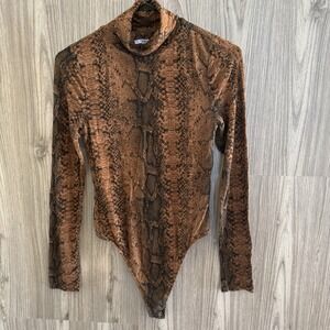 Women's Snake Skin Pattern Sexy One Piece Long Sleeve Turtle Neck - Black/Brown!